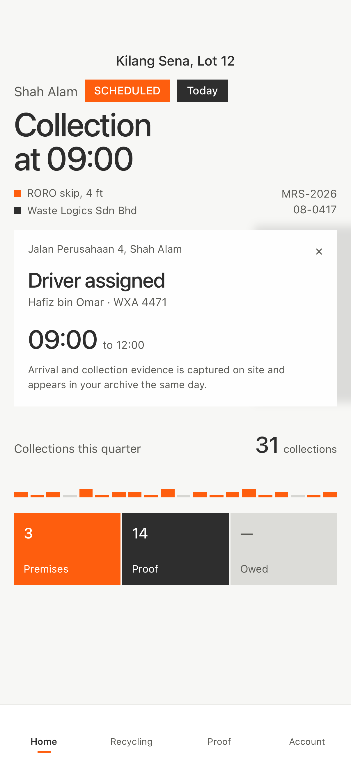 The MrSampah™ app showing a scheduled collection